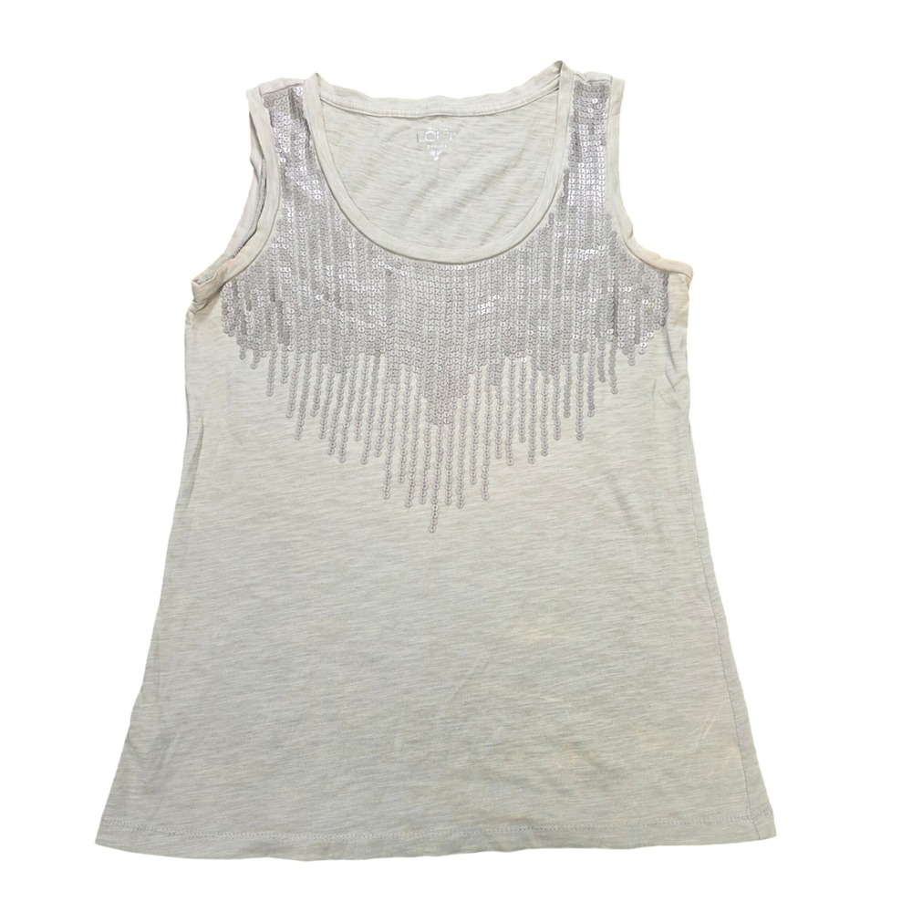 Ann Taylor LOFT Petites Sequin Fringe Tank Top Women's Size Sp Light Gray Cotton